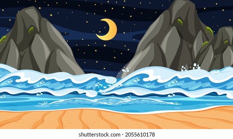 Beach landscape at night scene with ocean wave illustration