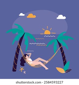 Beach landscape on sunset. Endless summer. Cute woman lying and relax in hammock at seacoast. Sea line, sand beach, sun, sky, palms. Female character on tropical island. Vector colorful illustration