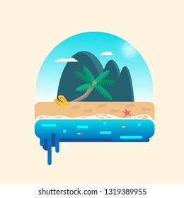 Beach landscape with palm tree in the background. Tropical island with palm tree. Flat vector illustration.