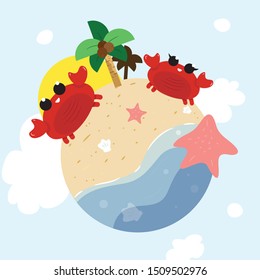 Beach landscape with palm tree and crabs vector illustration with cartoon design style