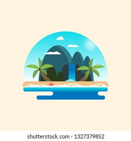 Beach landscape with palm trees in the background. 
Tropical island with palm trees and waterfall. Flat vector illustration.