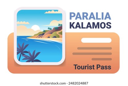 Beach landscape with palm trees blue sea and sunset on a tourist pass card