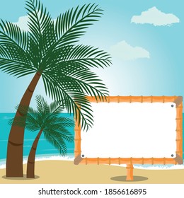 beach landscape with palm trees and editable poster on the sand
