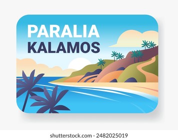 Beach landscape with palm trees ocean waves and hills under a sunny sky colorful tropical scenery