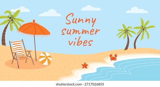 Beach landscape with palm trees, striped deck chair, sun umbrella, beach ball, crab, starfish and waves. Bright childlike design with light blue sky and cartoon elements. Vector illustration for ads.