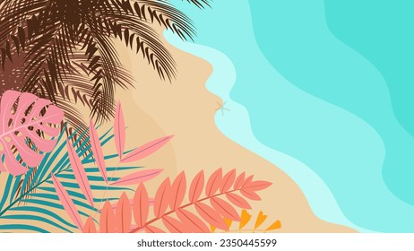 Paisaje playero con palmeras. Hoja tropical de verano. Estilo verano. Vector de verano.
