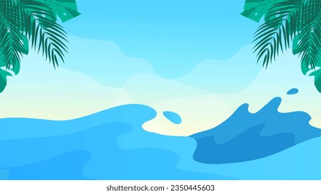 Paisaje playero con palmeras. Hoja tropical de verano. Estilo verano. Vector de verano.