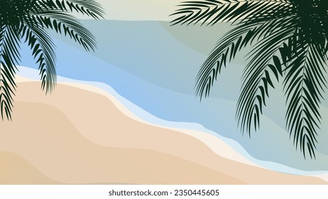 Paisaje playero con palmeras. Hoja tropical de verano. Estilo verano. Vector de verano.