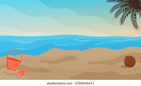 Beach landscape with palm trees. Summer tropical leaf. Summertime style. Summer vector.