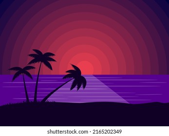 Beach landscape with palm trees at sunset. Tilted palm tree. Sunset on the tropical coast. Summer time. Design for advertising brochures, banners, posters, travel agencies. Vector illustration