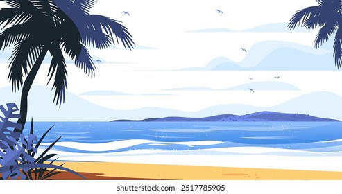 Beach landscape with palm trees tropical island ocean waves and birds serene coastal scenery blue and yellow color scheme nature illustration for website banner