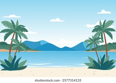 Beach landscape with palm trees. Tropical beach with palm trees. Sandy beach landscape with palm trees for design, poster, banner, discount, sale, travel.