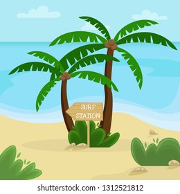 Beach landscape. Palm trees with a wooden pointer to the surf station. Flat vector illustration.