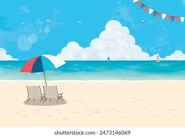 Beach Landscape with Parasol and Chairs Watercolor