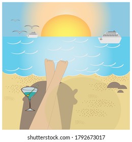 Strandlandschaft. Entspannen Sie auf einem Liegestuhl mit einem Cocktail am Meer. Flaches Design.
