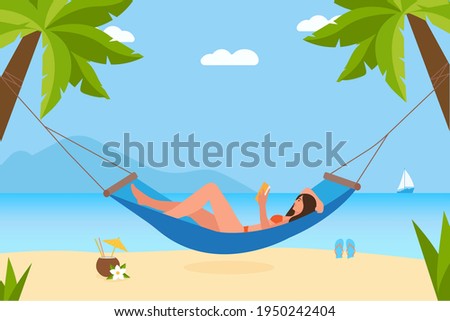 Beach landscape with sailboat, beach hammock, cocktail and flip flops.Woman reading book in hammock at seacoast. Relax.Sea line, sand beach, sun, sky, palms. Vector flat colorful illustration