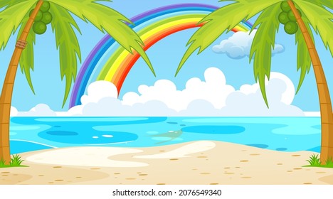 Beach landscape scene with rainbow in the sky illustration