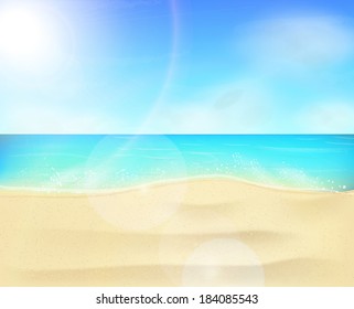 Beach landscape scene with sand, ocean and sunny sky