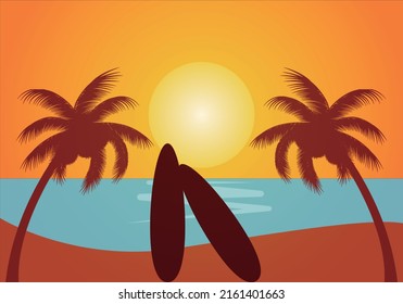 Beach landscape with sea at sunset and surfboards.