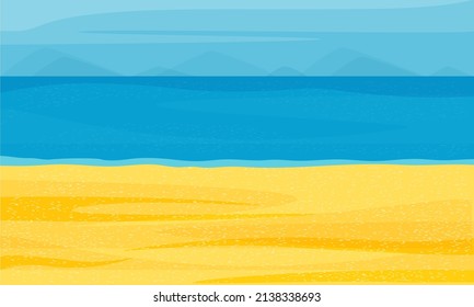 Beach landscape. The seashore. Ocean, sand, sky, mountains. Color vector drawing in a flat style.