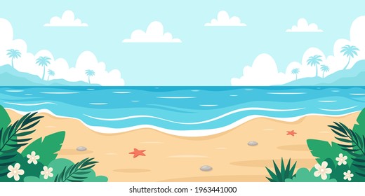 Beach landscape. Seashore with sea star, palms, sea pebbles and tropical plants. Vector illustration