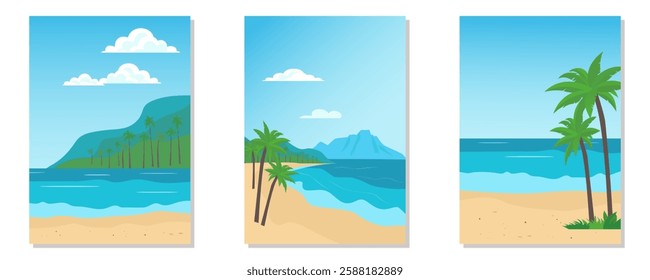 Beach landscape set of cards. Set of postcards with a beach landscape. Tropical sandy beach with palm trees and mountains. Paradise tropical island with palm trees and mountains. Paradise blue sea.