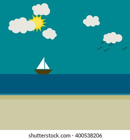 beach landscape with ship on the sea with clouds and birds