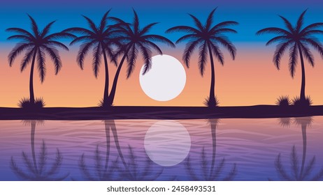 Beach Landscape in Silhouette with Palm trees, Sunrise, Sunset for Summer background