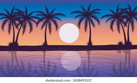 Beach Landscape in Silhouette with Palm trees, Sunrise, Sunset for Summer background