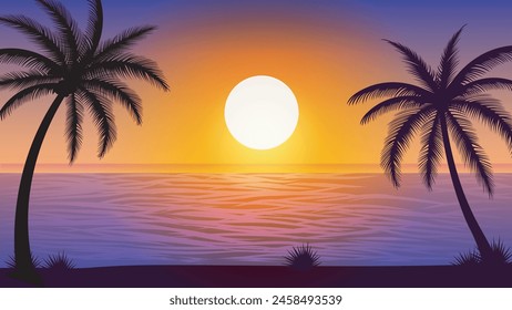 Beach Landscape in Silhouette with Palm trees, Sunrise, Sunset for Summer background