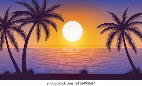 Beach Landscape in Silhouette with Palm trees, Sunrise, Sunset for Summer background