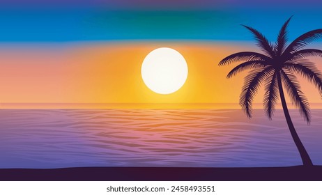 Beach Landscape in Silhouette with Palm trees, Sunrise, Sunset for Summer background