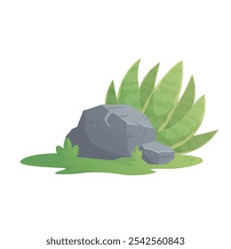 Paisagem de praia com pedra e planta tropical sansevieria na grama isolado no fundo branco. desenho animado floresta tropical palmeiras ícone para design de jogo, modelos, impressões