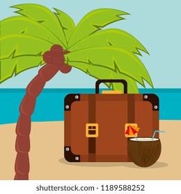 beach landscape with suitcase and set icons