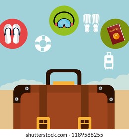 beach landscape with suitcase and set icons