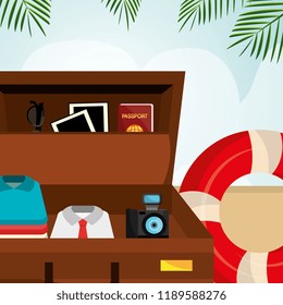 beach landscape with suitcase and set icons