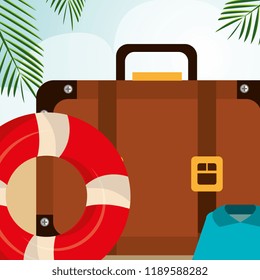 beach landscape with suitcase and set icons