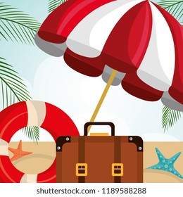 beach landscape with suitcase and set icons