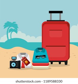 beach landscape with suitcase and set icons