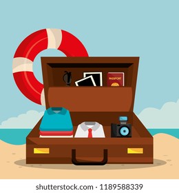 beach landscape with suitcase and set icons
