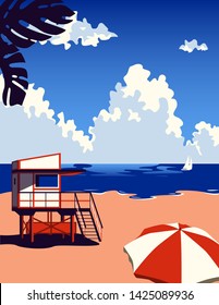 Beach Landscape. Summer background with lifeguard tower 