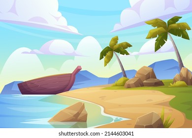 Paisaje de playa para ilustración de fondo de verano con isla de barco y océano