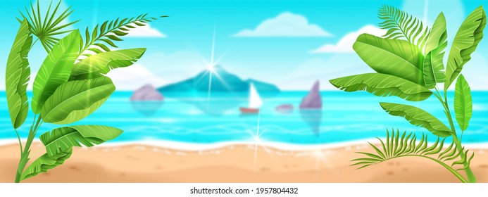 Beach landscape, summer sea vector background, island shore sand, defocused ocean surf, banana leaves. Seaside vacation travel, paradise holiday illustration. Tropical beach landscape tourism banner