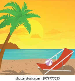 Beach landscape with sun lounger. Flat design style. Vector