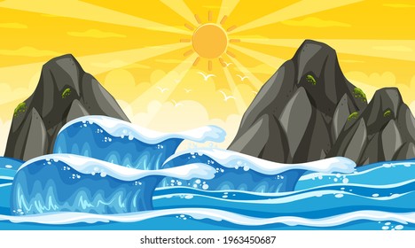 Beach landscape at sunset scene with ocean wave illustration