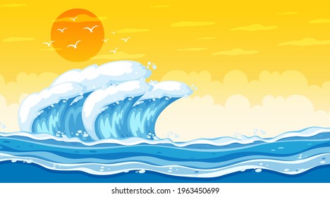 Beach landscape at sunset scene with ocean wave illustration