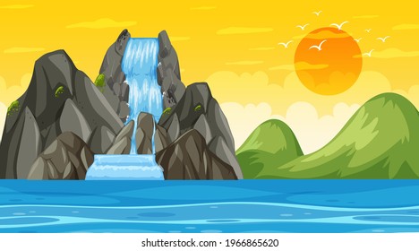 Beach landscape at sunset scene with ocean wave illustration
