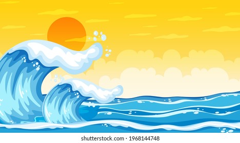 Paisaje de playa al atardecer con ilustración de olas oceánicas