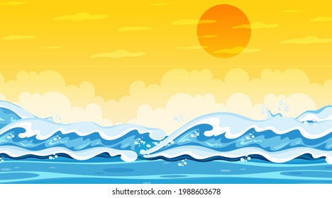 Paisaje de playa al atardecer con ilustración de olas oceánicas