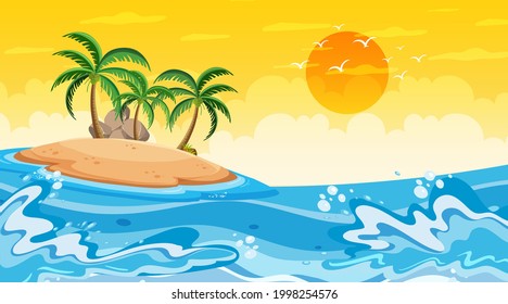 Beach landscape at sunset scene with ocean wave illustration